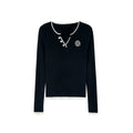 [Mina Exclusive] Sheep wool flower embroidery contrasting color trim V-neck knitted shirt M2506058