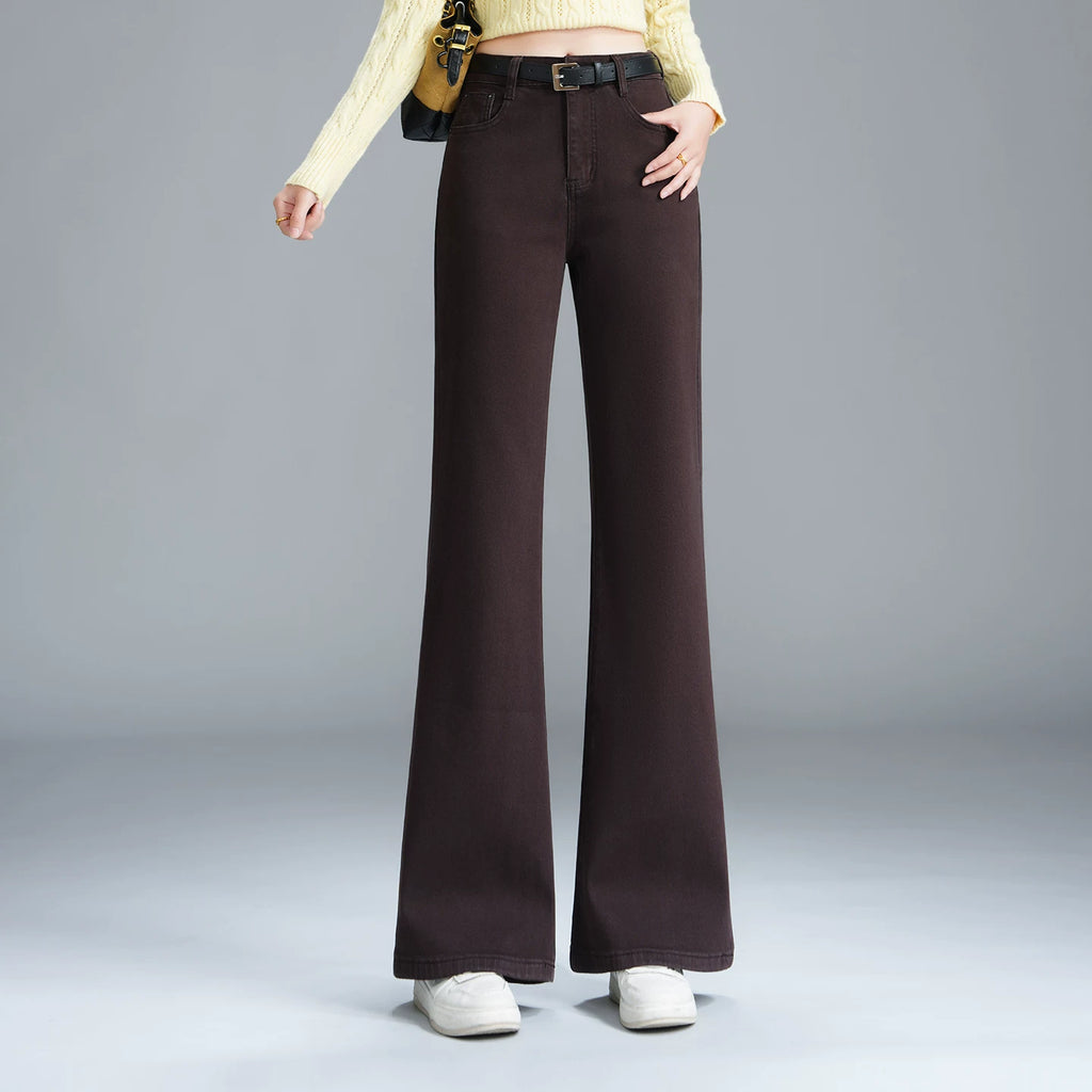 Coffee color does not stick to the legs, thin and slightly pulled jeans for women's 2026 autumn new Korean version of high-waisted slim-fitting elastic flared pants