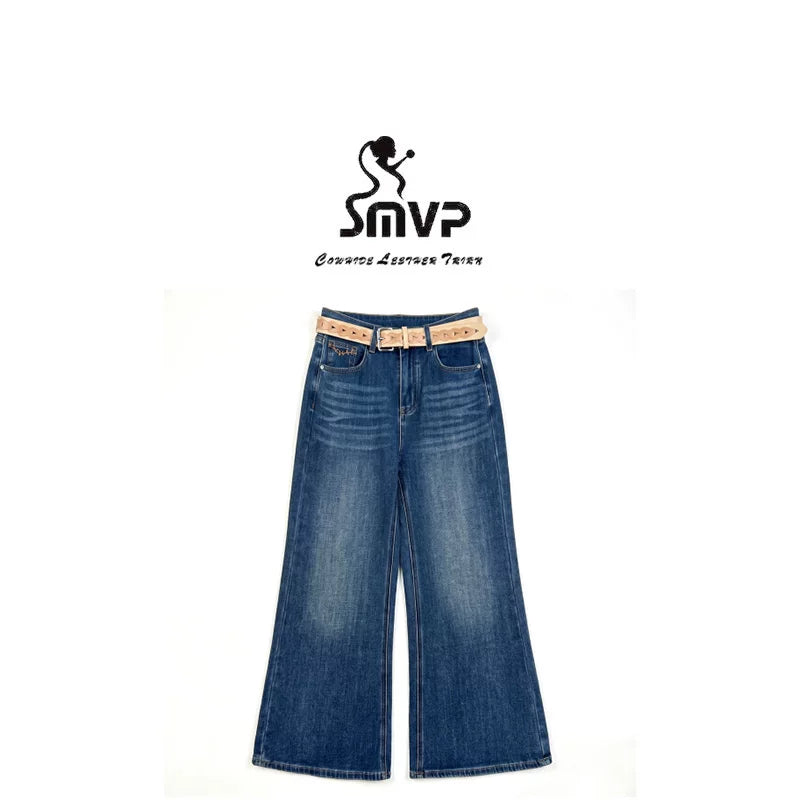 [Exclusive to Binbin] [Indigo Ramao] Retro hollow belt high waist micro-pull jeans 263084