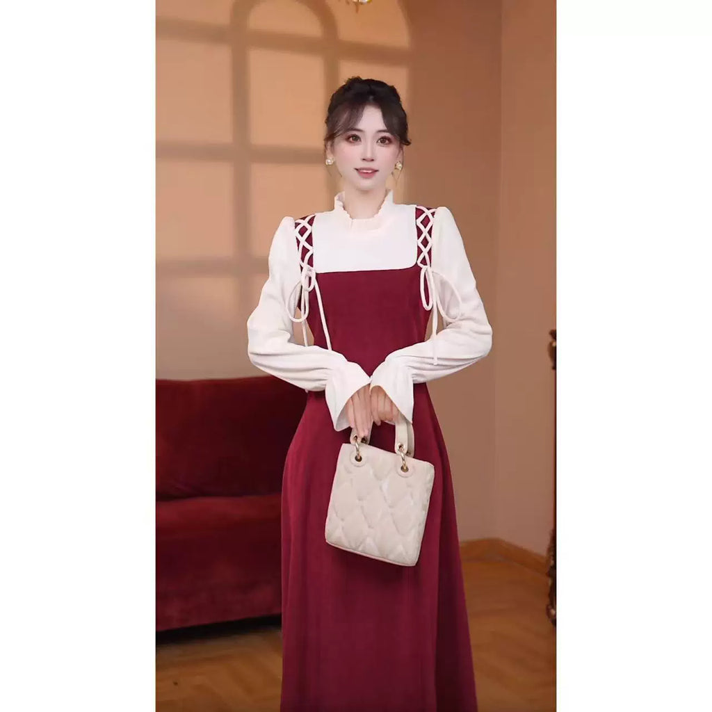 【瑞瑞定制】红 秋冬新款法式复古长袖毛呢连衣裙女装裙子D4027
