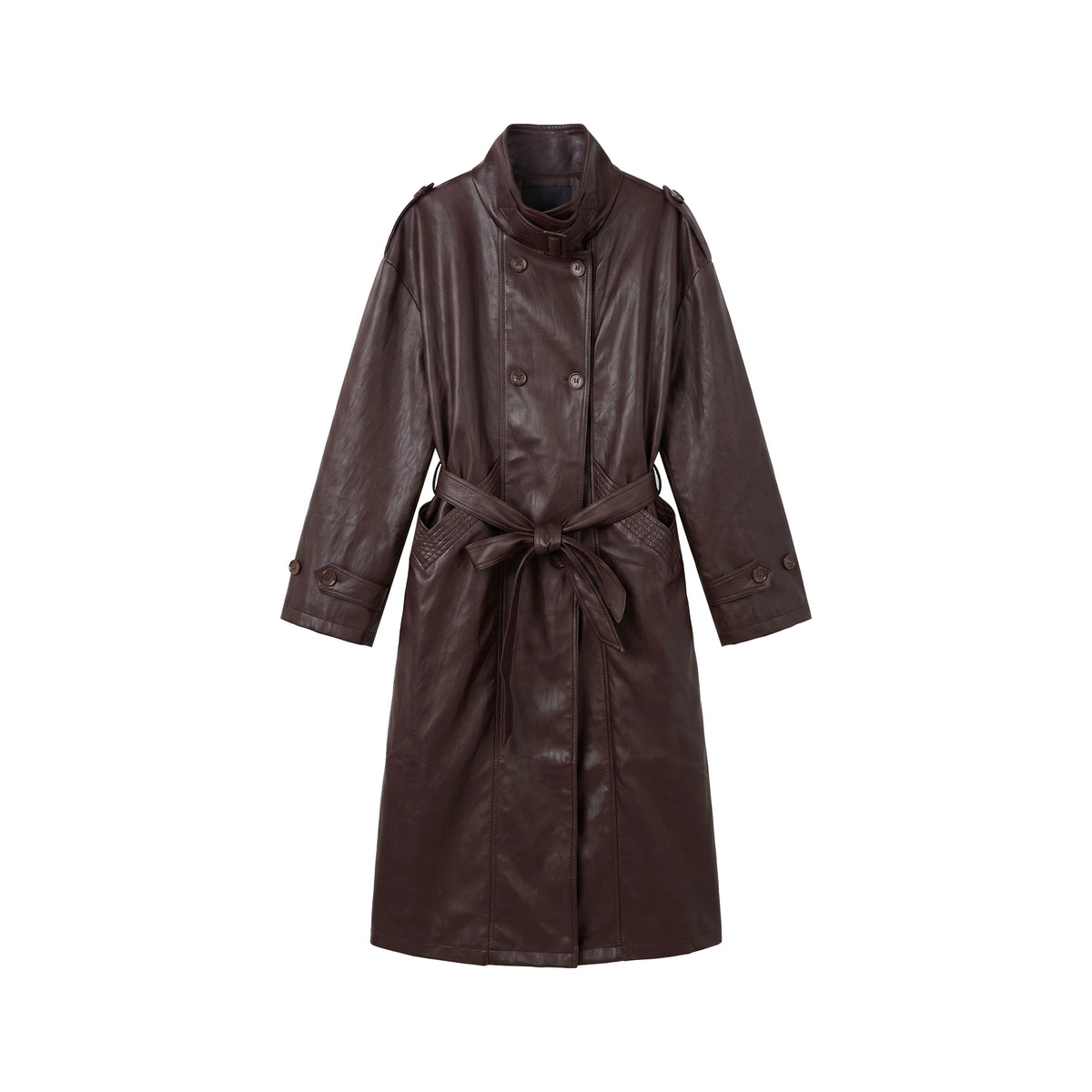 [Bin Bin Exclusive] [Coffee Shadow Bundle Wind] Retro Stand-Up Collar Double-Breasted Long Leather Jacket 263382