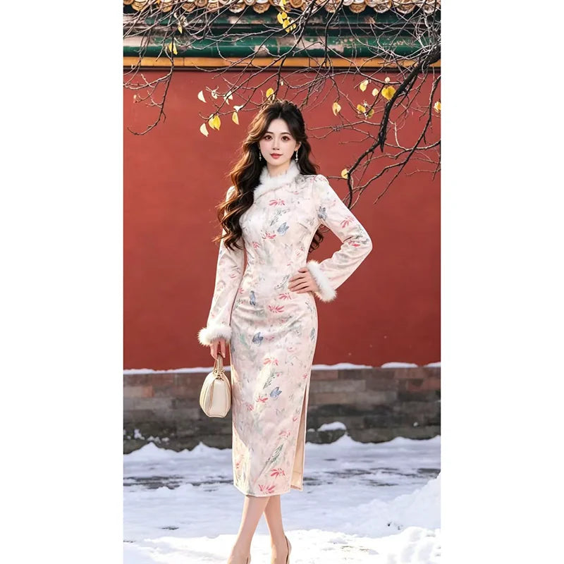 Ruiru Custom-Made [Dream Butterfly] [Fleece-Lined and Thickened] Butterfly Cheongsam Enchanting Butterfly Dress D4304
