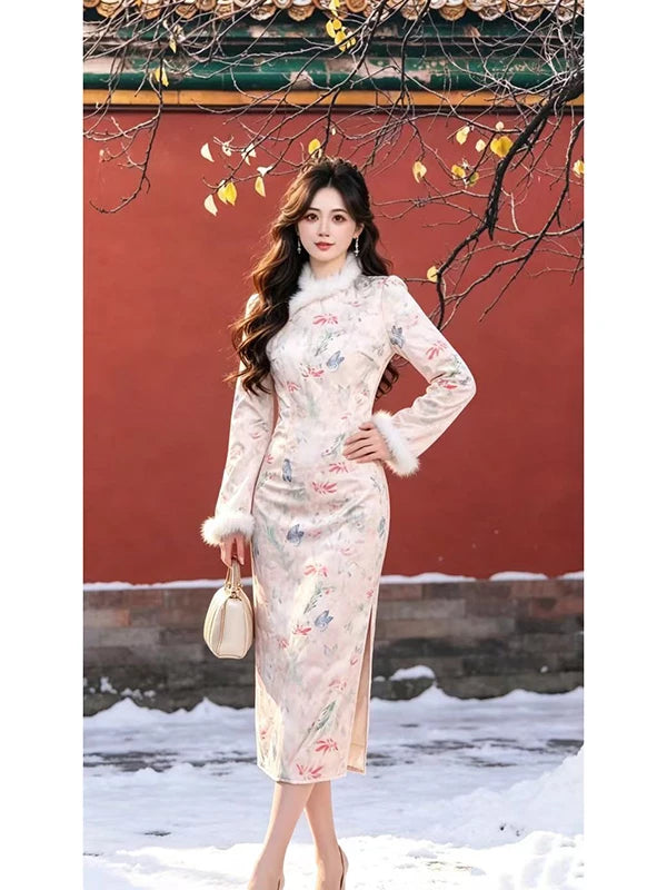 Ruiru Custom-Made [Dream Butterfly] [Fleece-Lined and Thickened] Butterfly Cheongsam Enchanting Butterfly Dress D4304