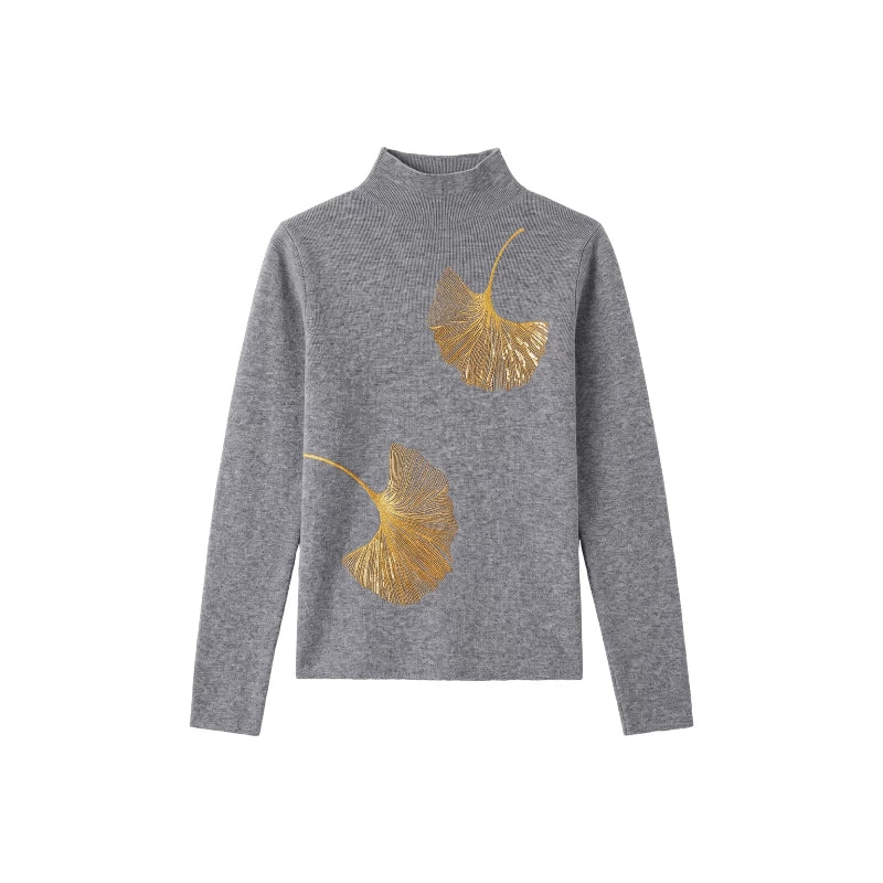 [Valkyvia/Yoyo] National style ginkgo embroidered semi-turtleneck soft waxy slim-fitting knitted top 263454