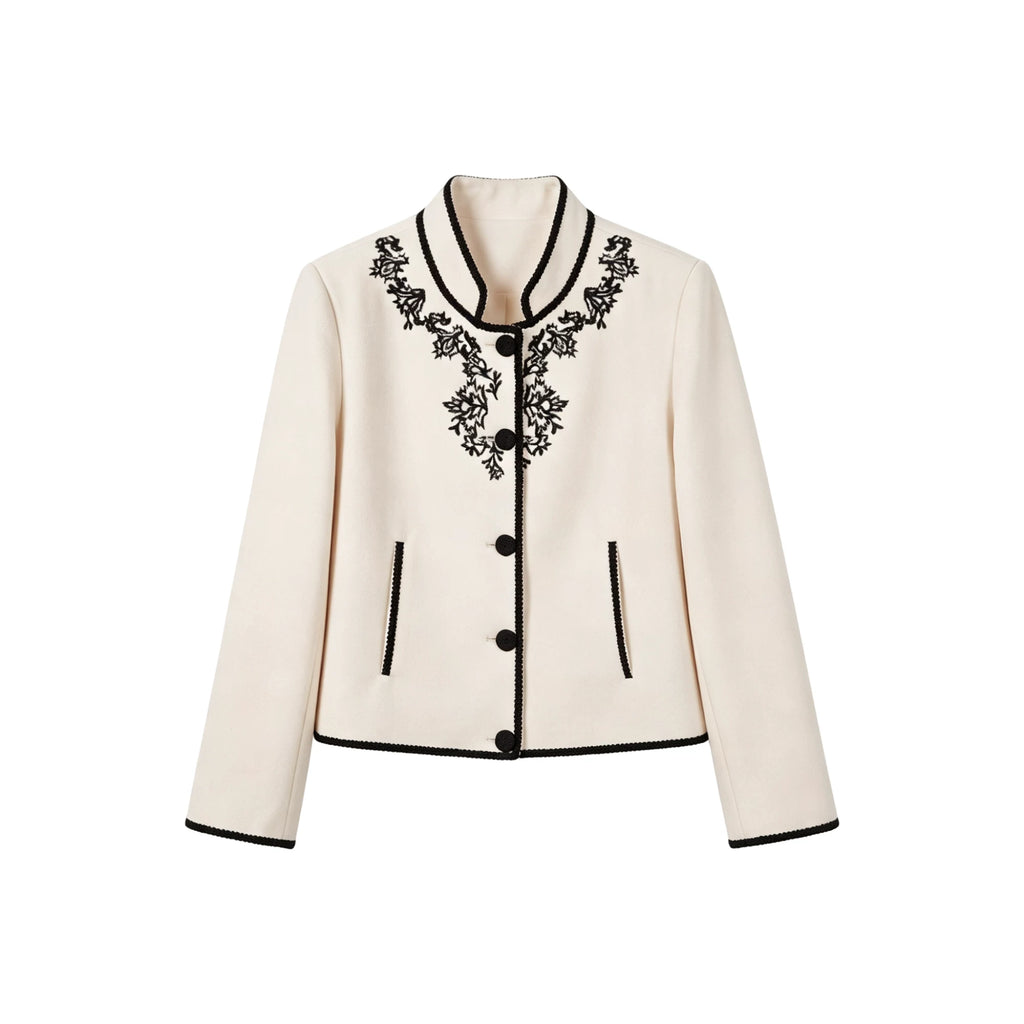 [Mina Exclusive] [Ink Embroidery Zhiyu] Elegant Temperament Heavy Industry Contrast Color Embroidery Small Stand-up Collar Jacket 363207