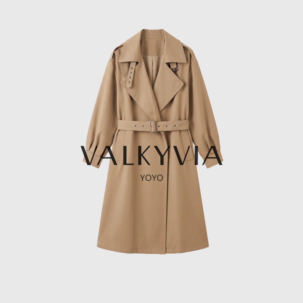 【Valkyvia/悠悠奢品】气质大翻领卡其色长款腰带风衣外套 263415