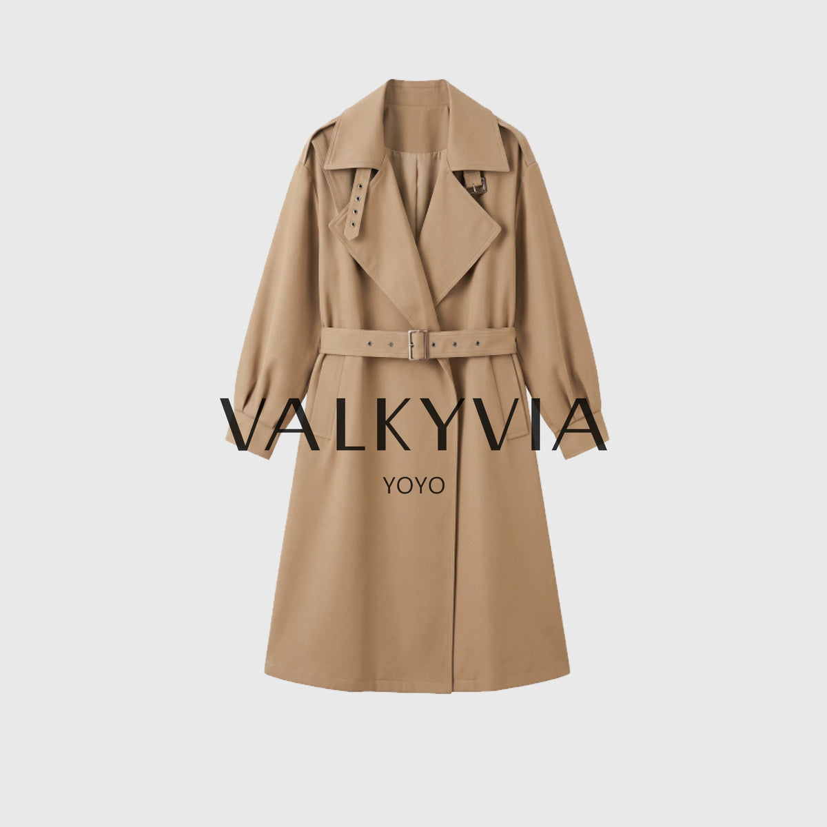 【Valkyvia/悠悠奢品】气质大翻领卡其色长款腰带风衣外套 263415