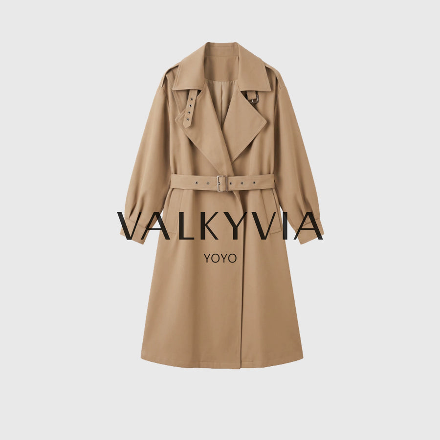 【Valkyvia/Yoyo Luxury】Elegant Wide-Lapel Khaki Long Belted Trench Coat 263415