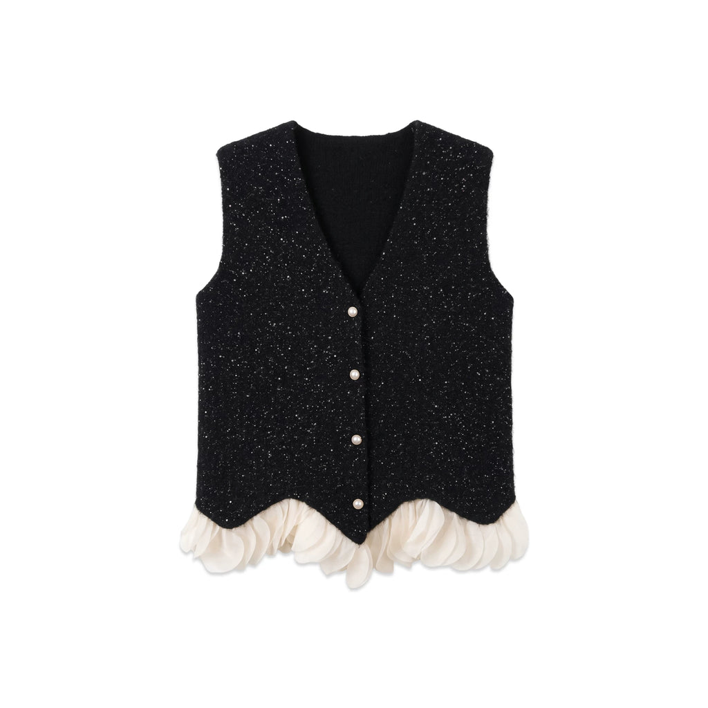 [Valkyvia/Yoyo] Wool pearl buckle splicing white yarn irregular sleeveless vest 263427