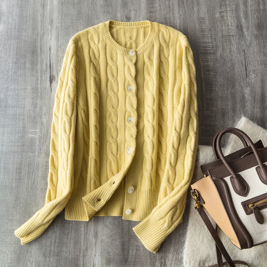 "Laf Cable-Knit Collection" Old Money Style Thickened 100% Wool Classic Cable-Knit Cardigan-Style Crew-Neck Knit Sweater
