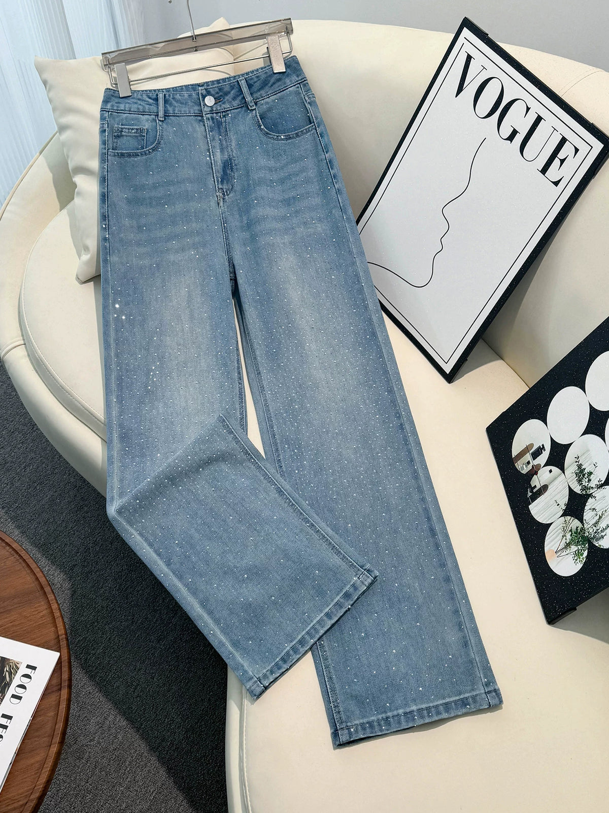 Korean Version of Thin, Hot Diamond-Patterned Women's Slim Straight-Leg Pants, 2026 New Autumn Small-Waist High-Waisted Wide-Leg Pants