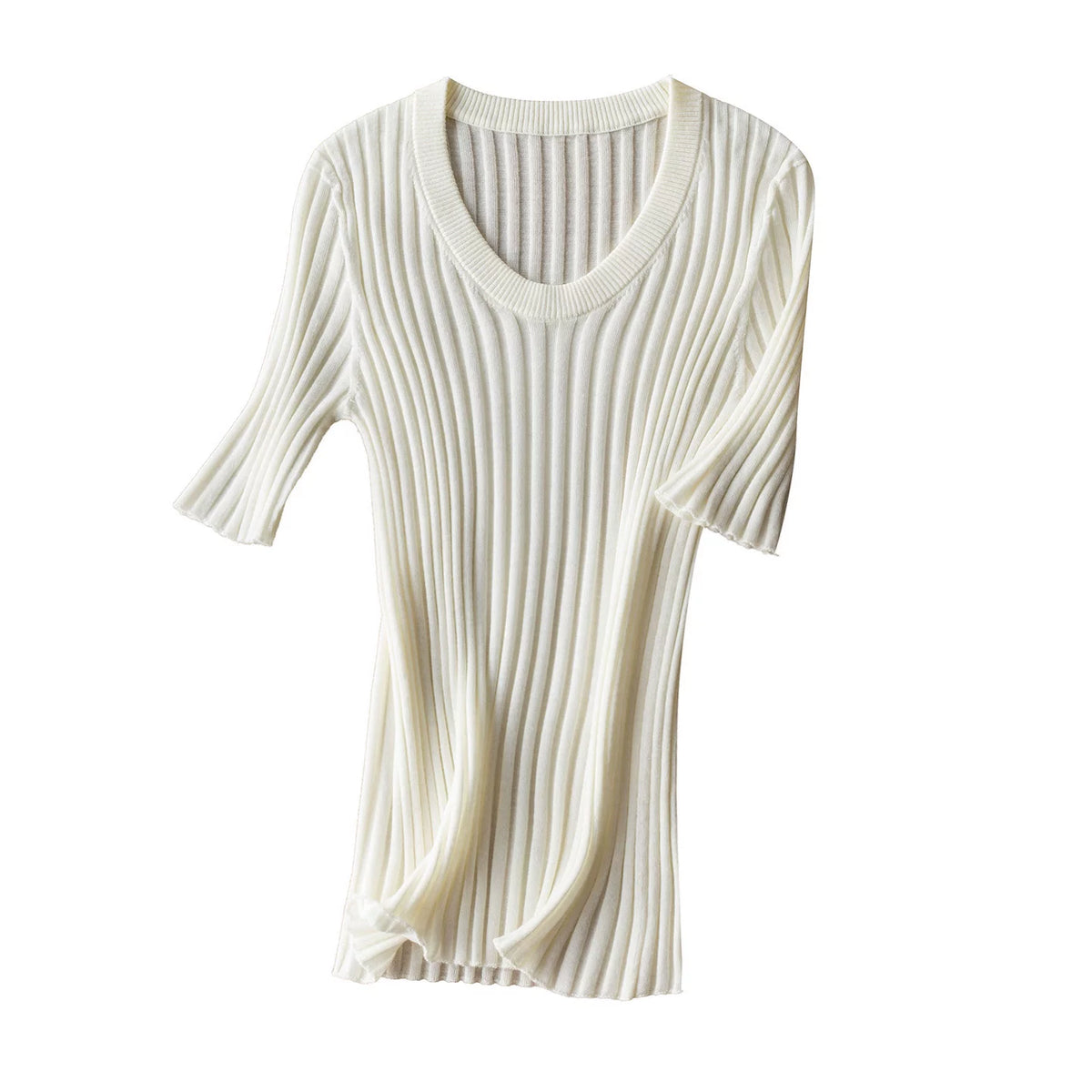 Sen Huxi Fine-Spun Extra-Fine Wool Elegant Minimalist Textured Slimming Vertical-Ribbed Half-Sleeve Spoon-Neck Sophisticated Lightweight Knit Top