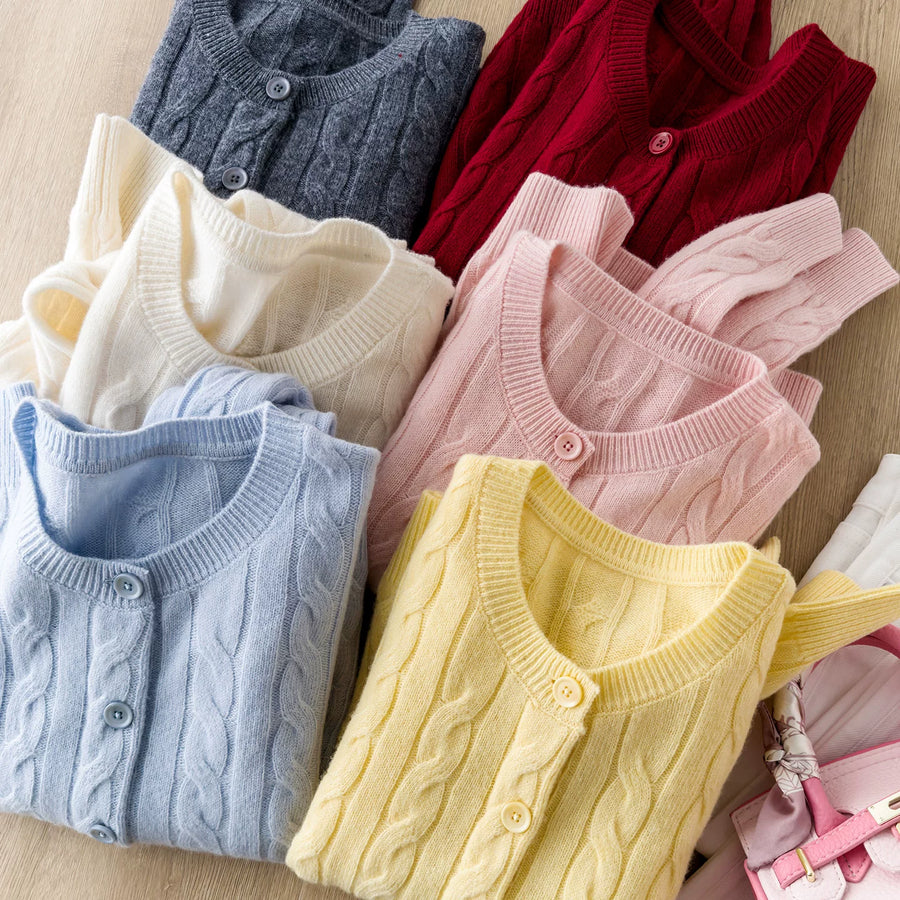 Fan-Favorite Treat: 100% Wool Classic Retro Cable-Knit Fine-Fit Crew-Neck Long-Sleeve Knit Cardigan Cropped Sweater