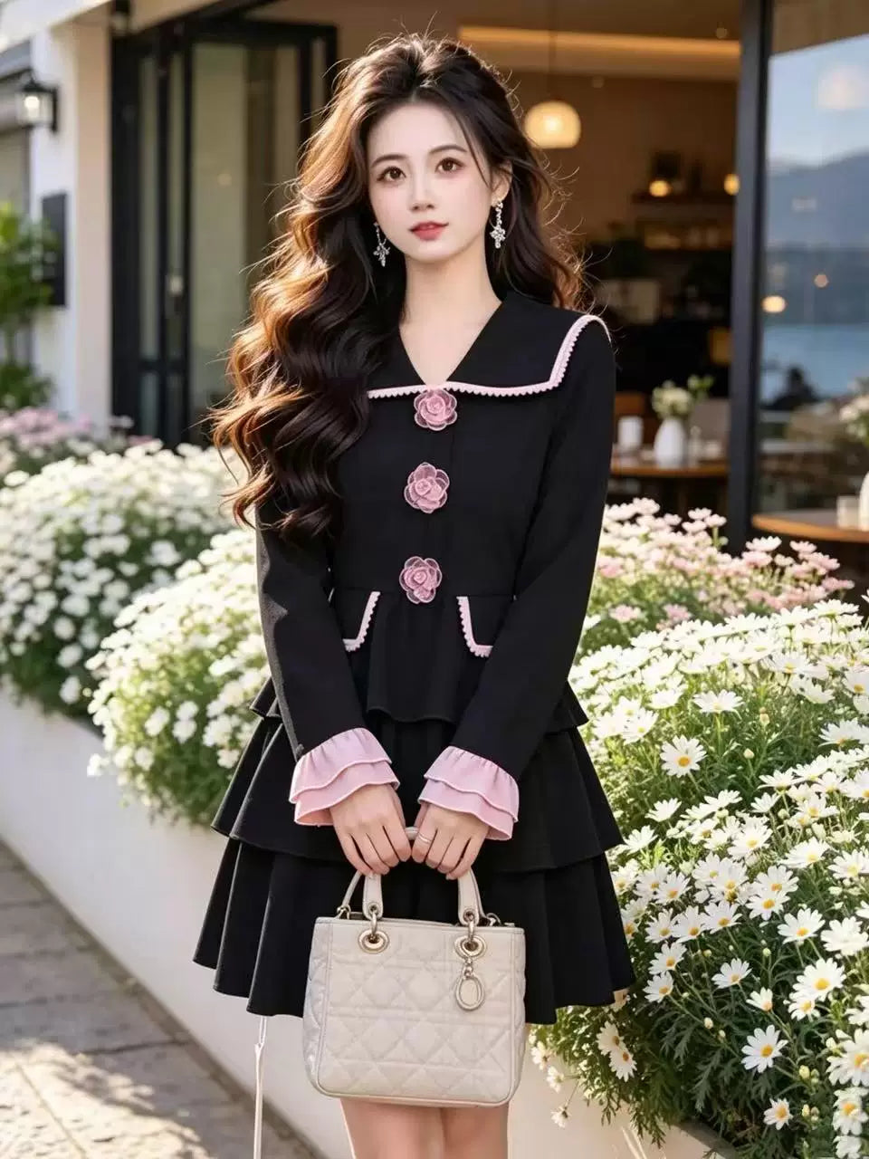 Ruirui Custom [Rose Rendezvous] Wide-Notch Collar Color-Blocked New Versatile Fashion Lightweight Luxury Dress D11669