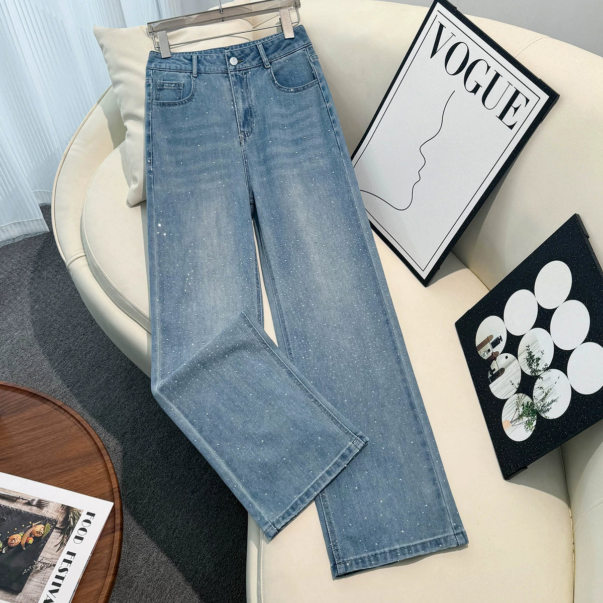Korean Version of Thin, Hot Diamond-Patterned Women's Slim Straight-Leg Pants, 2026 New Autumn Small-Waist High-Waisted Wide-Leg Pants