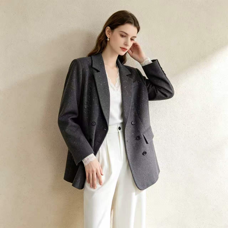 【Gray Starry Sky】Cool-Toned Fragmented Star Gray Double-Breasted Lapel Suit Jacket 263361