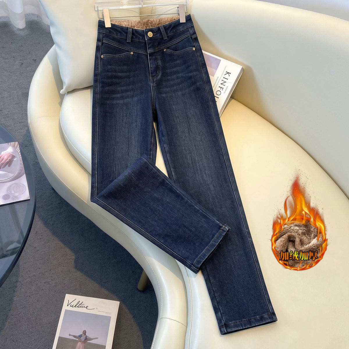Retro velvet warm high waist thin pants children's 2026 winter new slim-fit elastic radish jeans