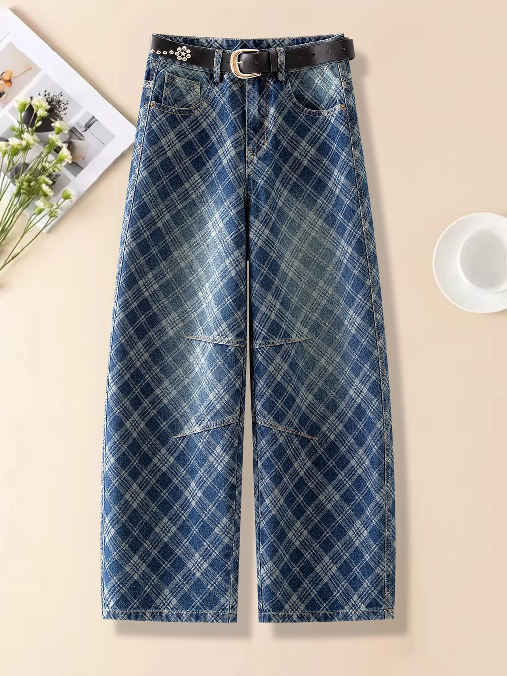 Retro plaid scimitar jeans women's 2026 autumn new design sense loose and thin versatile casual wide-leg pants