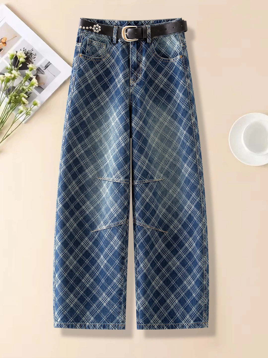 Retro plaid scimitar jeans women's 2026 autumn new design sense loose and thin versatile casual wide-leg pants