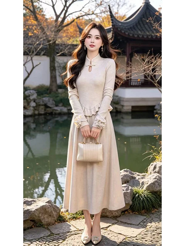 Ruirui Custom “Camellias Are in Bloom” Zipperless French-Style Cinched-Waist Elegant Casual Dress D11924