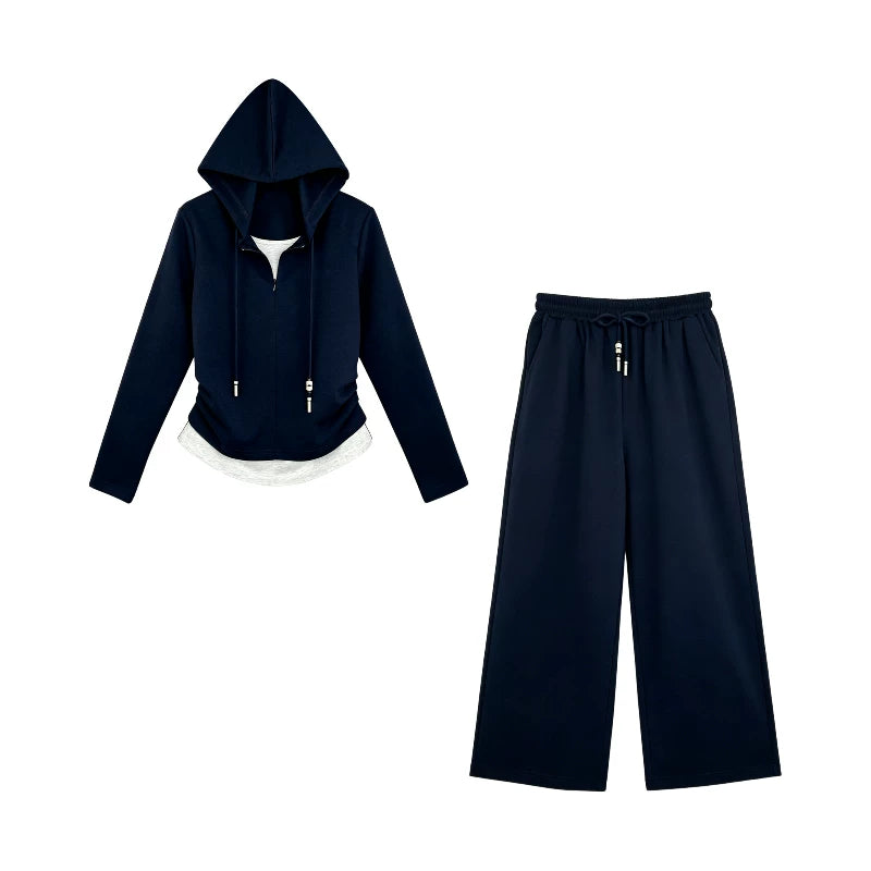 [Valkyvia/Yoyo] Skinny pleated fake two-piece hooded top pants set 862505