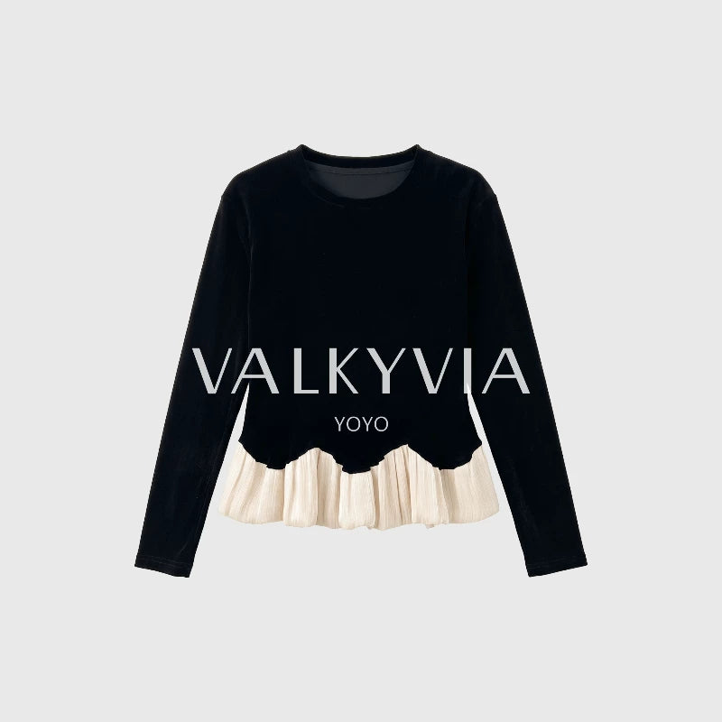 [Valkyvia/Yoyo] Crew neck contrasting color, bright hem, slim and thin top 363311
