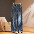 Retro plaid scimitar jeans women's 2026 autumn new design sense loose and thin versatile casual wide-leg pants