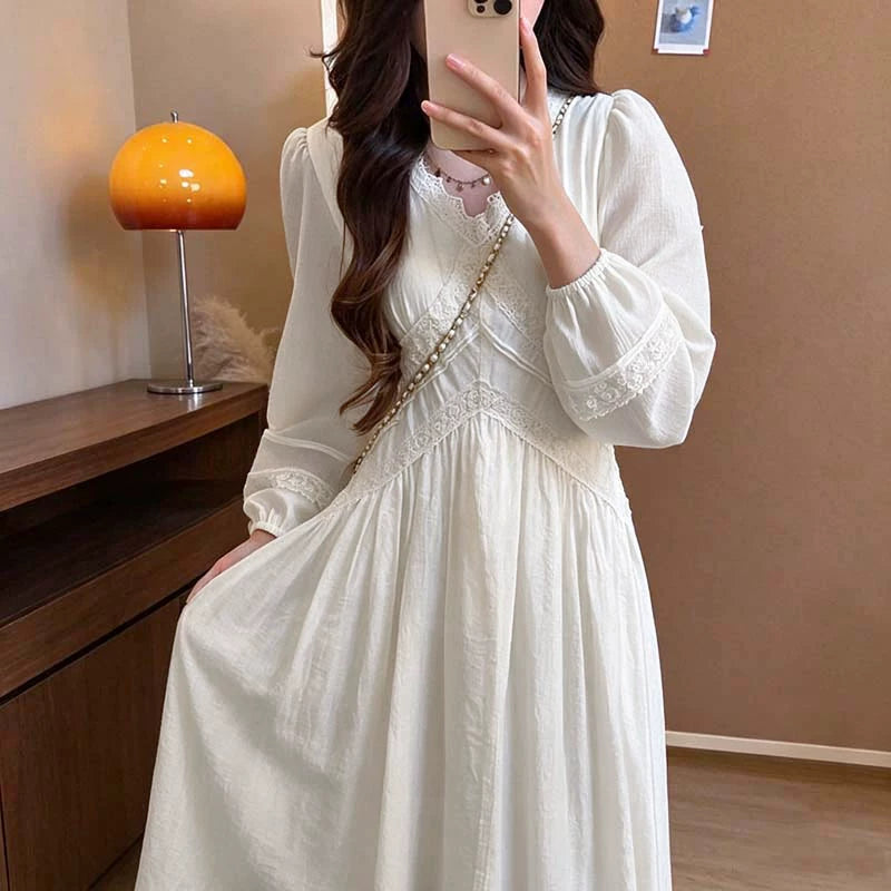 تصميم ريري المخصص【ياسمين مستخلص بارداً】【مبطن】فستان نسائي بياقة على شكل V بطابع فرنسي ناعم D4994