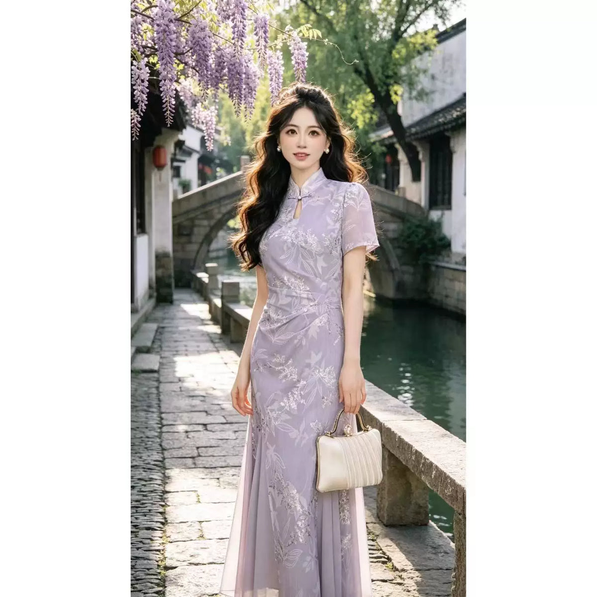 瑞瑞定制-【花间酒】粉（有里布）民国风新中式青瓷连衣裙D4850