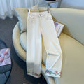 White national style lace embroidered straight jeans women's 2026 summer high waist and thin small eight-point pipe pants