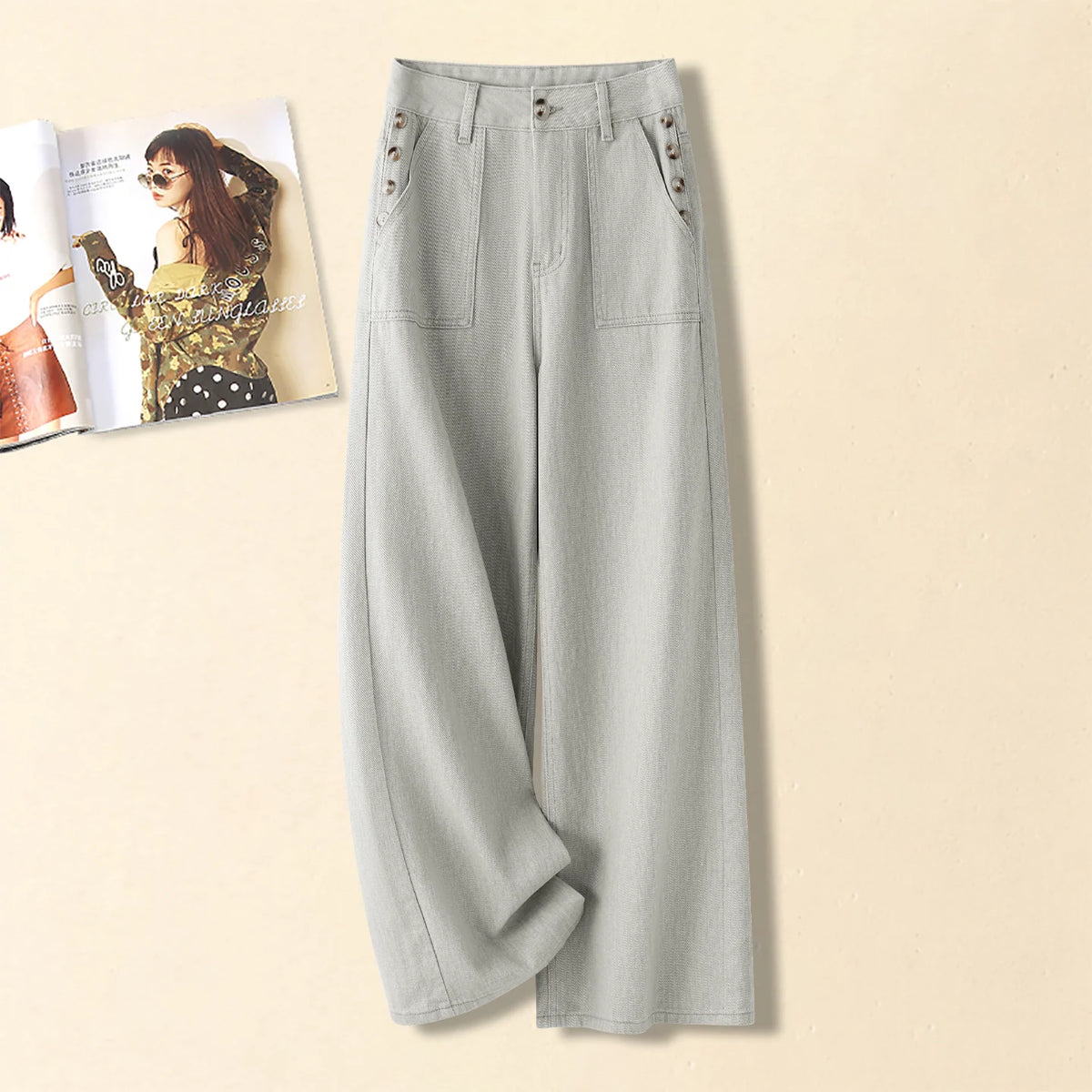 Korean-style buttoned design, slim-fit wide-leg jeans for women's 2026 fall new small-size high-waisted thin straight-leg pants