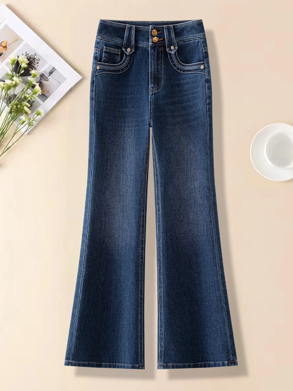 High-quality four-sided elastic high-waisted micro-pull jeans women's 2026 autumn new small slim-fitting and thin flared pants