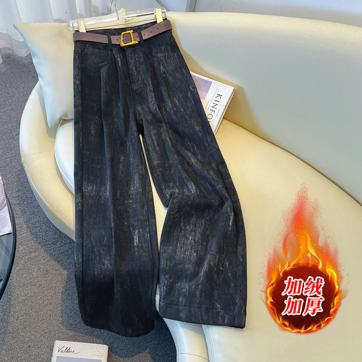 Design pleated high-waisted wide-leg jeans women's 2026 winter new loose and thin velvet casual straight-leg pants