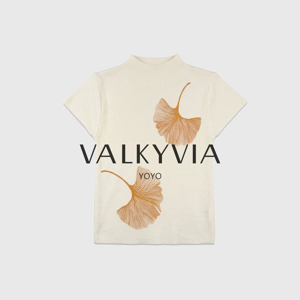 【Valkyvia/悠悠奢品】莱赛尔秋季银杏叶印花半领短袖针织263298