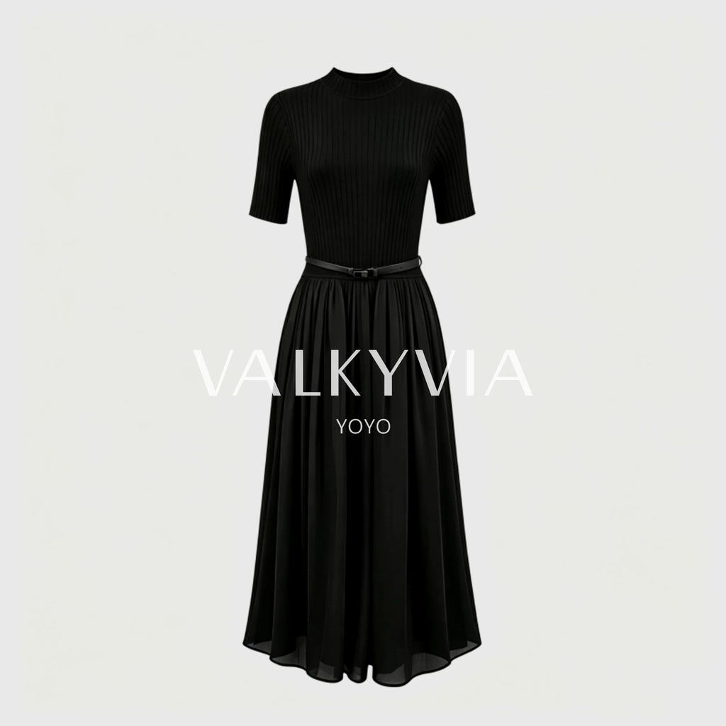 【Valkyvia/يويو للسلع الفاخرة】فستان محبوك مدمج بياقة عالية نصفية ونقشة مجدولة 263131
