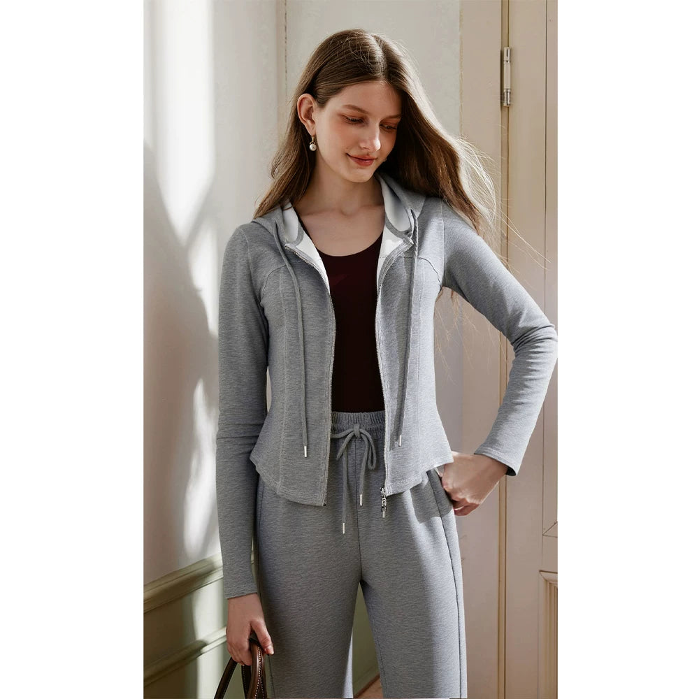 [Mina Exclusive] Fashion Temperament Splicing Skinny Hooded Knitted Top Pants Set 361002