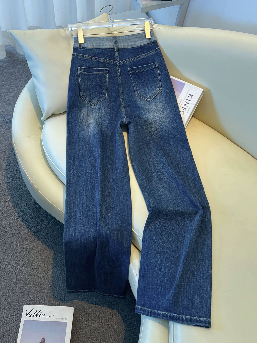 Contrasting color splicing narrow version wide-leg jeans women's 2026 autumn new high-waisted and thin versatile casual straight-leg pants