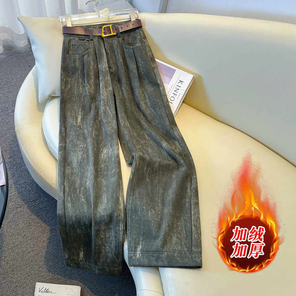Design pleated high-waisted wide-leg jeans women's 2026 winter new loose and thin velvet casual straight-leg pants