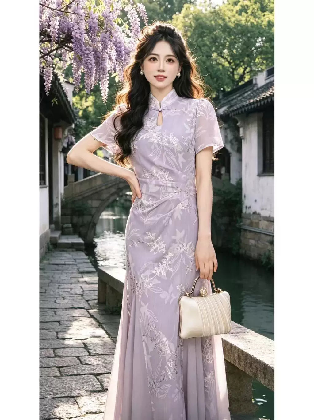 瑞瑞定制-【花间酒】粉（有里布）民国风新中式青瓷连衣裙D4850