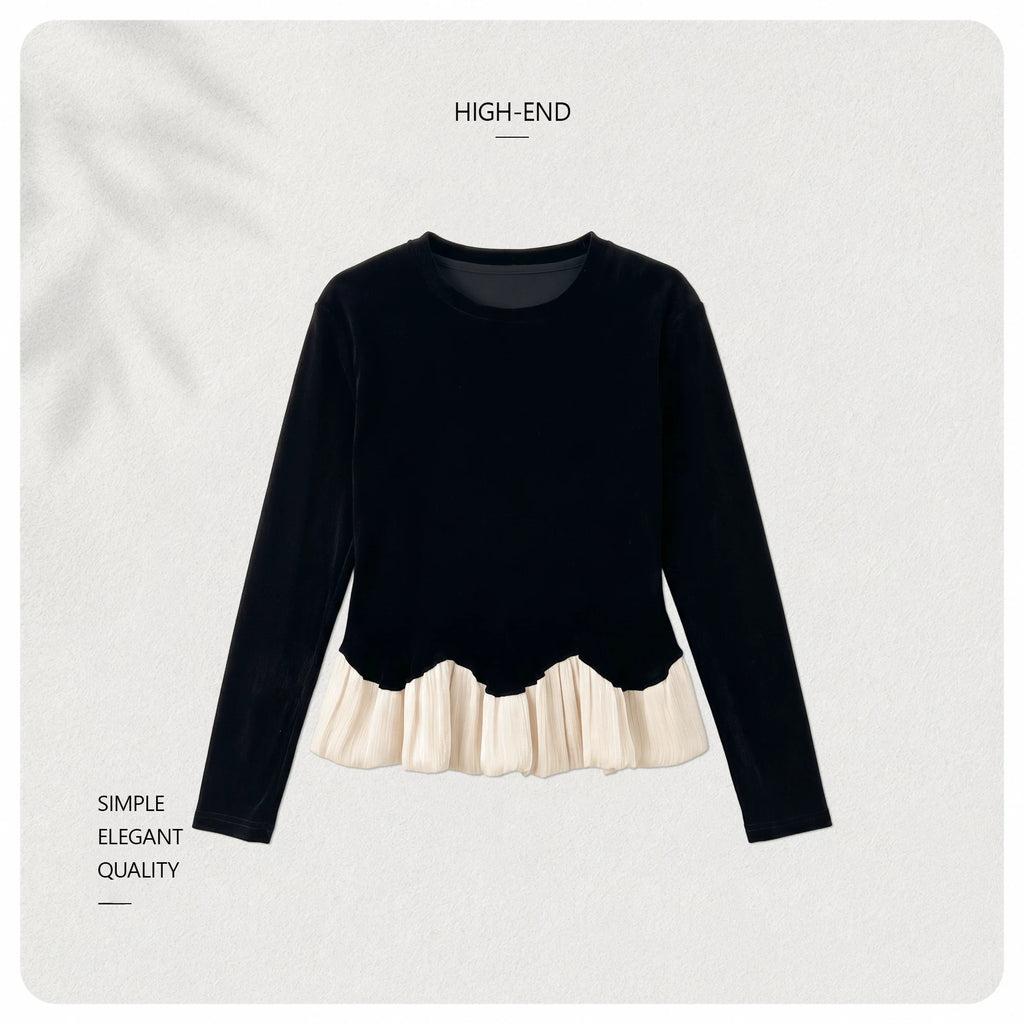 [Valkyvia/Yoyo] Crew neck contrasting color, bright hem, slim and thin top 363311
