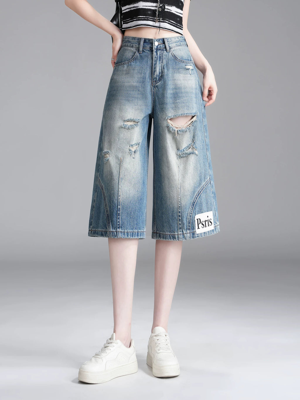 American old ripped denim wide-leg pants women's 2026 summer high waist loose and thin versatile straight six-point shorts