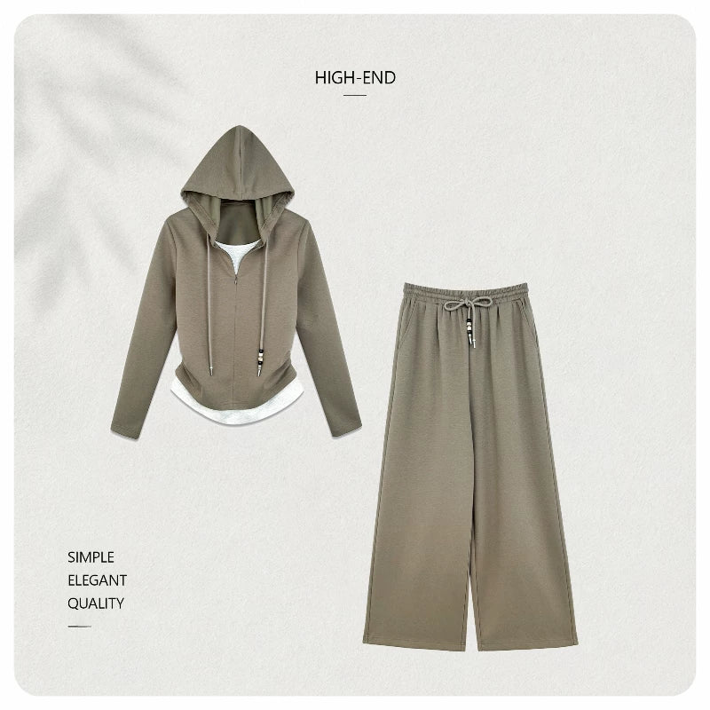 [Valkyvia/Yoyo] Skinny pleated fake two-piece hooded top pants set 862505