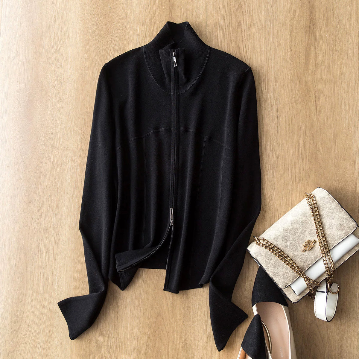 Casual Versatile 80-Count Ultrafine Merino Wool Zip-Up Stand-Collar Knit Cropped Cardigan Jacket