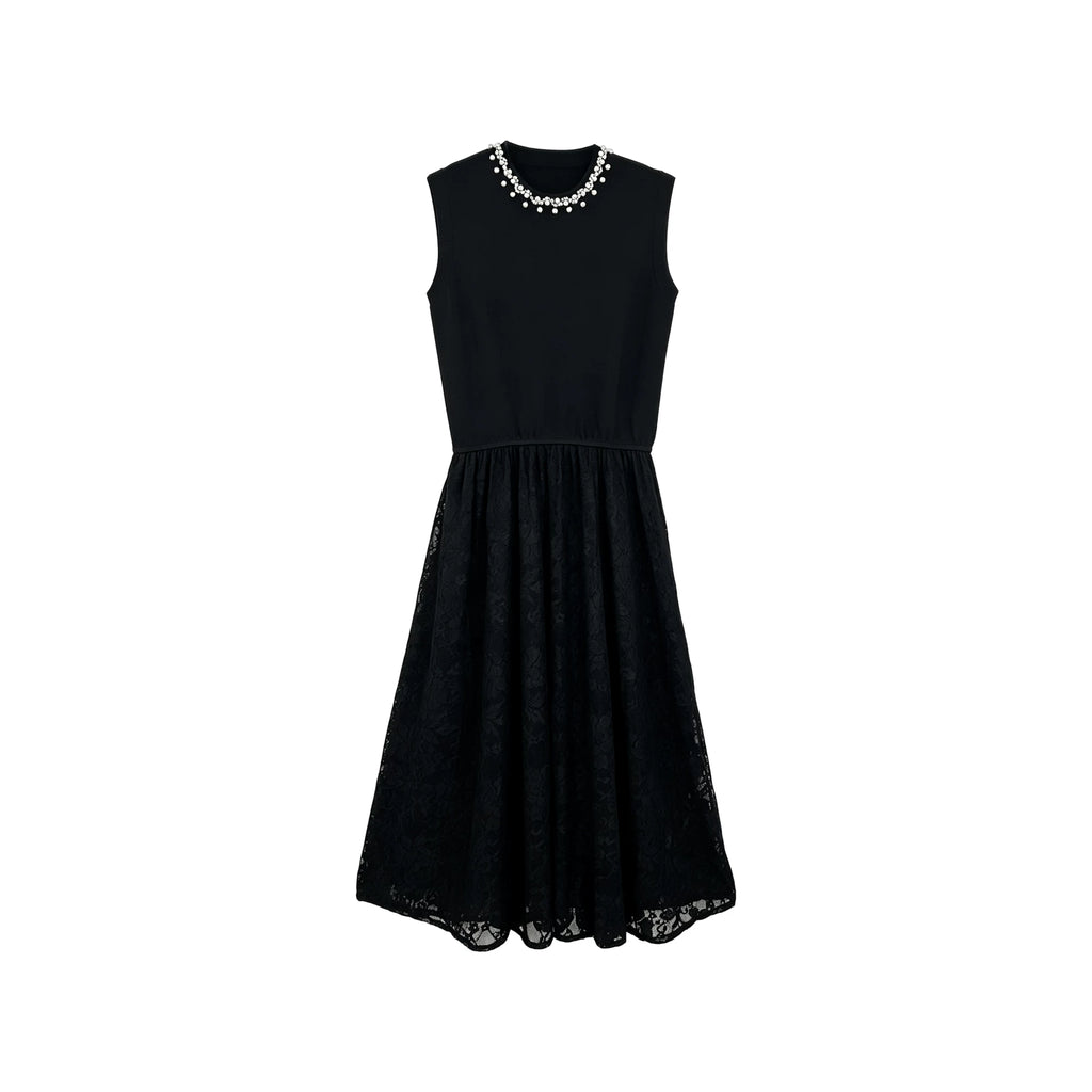 [Mina Exclusive] [Bead Neck Ya Dress] Premium Light Luxury Bead Hook Sleeveless Black Dress 263091