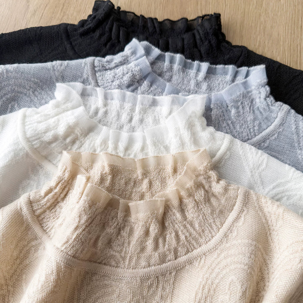 Gentle White Moonlight – So Easy to Style! Floral Lace Jacquard Knit Long-Sleeve Mock-Neck Base Layer for Women