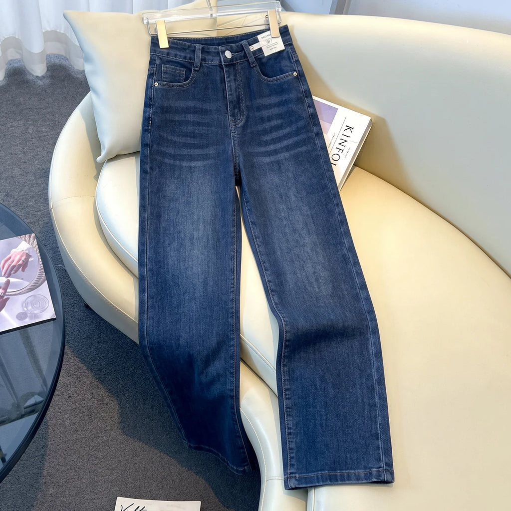 韩版休闲窄版直筒牛仔裤女2026秋季新款复古高腰显瘦垂感阔腿裤子