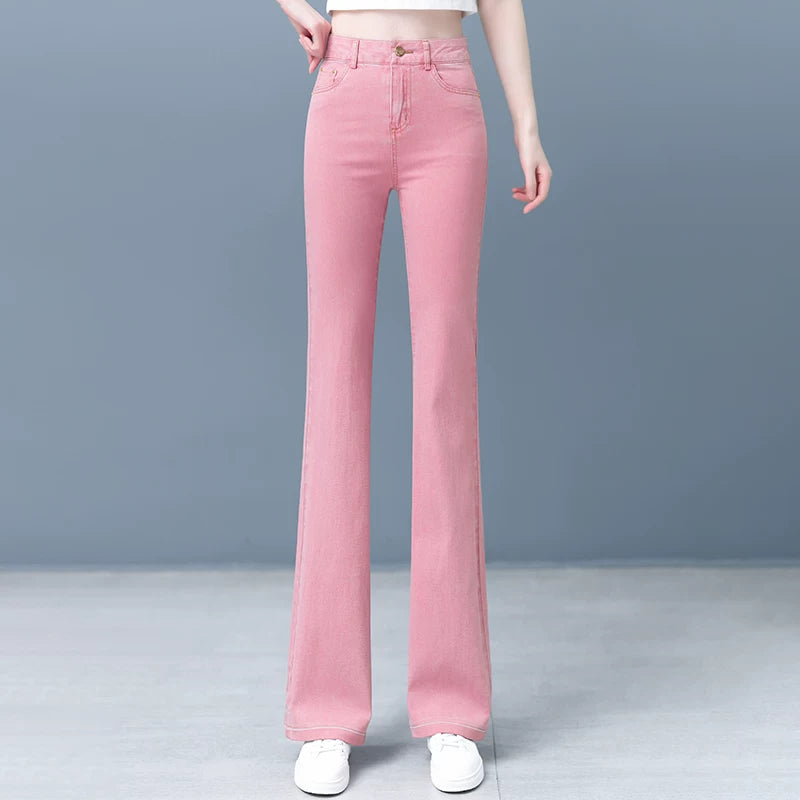 Super fire retro pink micro-pull jeans women's 2026 autumn new high-waisted slim-fitting horseshoe horn pants