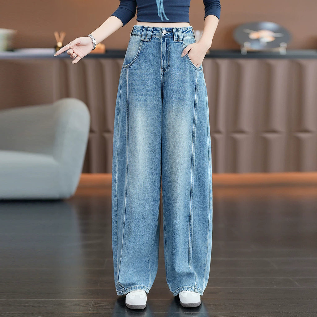 Lazy wind drooping wide-leg jeans women's 2026 autumn new meat-covering and thin loose and thin casual scimitar pants