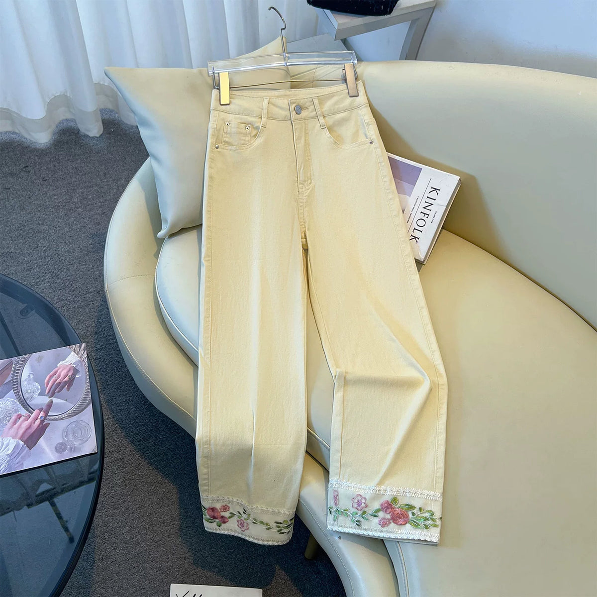 White national style lace embroidered straight jeans women's 2026 summer high waist and thin small eight-point pipe pants
