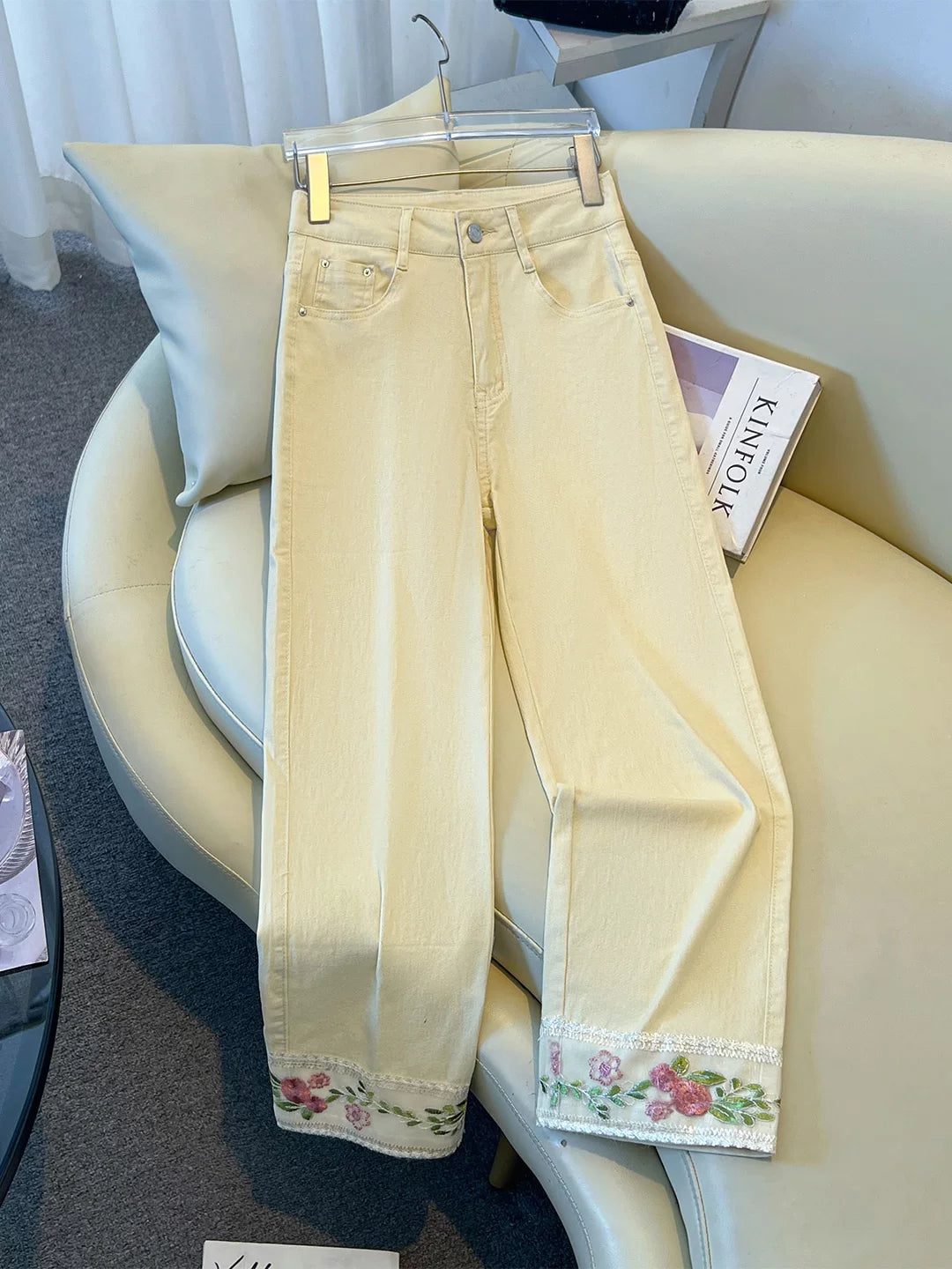 White national style lace embroidered straight jeans women's 2026 summer high waist and thin small eight-point pipe pants